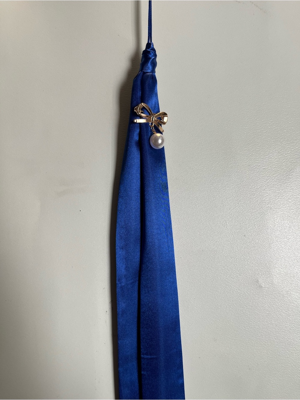 Blue Satin Scarf Necklace with Gold Bow and Pearl Lapel Pin - unisex